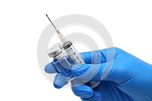 vaccine and syringe in blue gloved hand isolated on white background, clipping path.