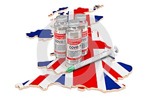 Vaccine and syringe with British map. Vaccination in the United Kingdom concept, 3D rendering