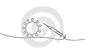 Vaccine syringe one single line art concept. Pandemic COVID coronavirus safe hand drawn sketch. Injection epidemia photo
