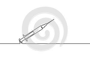 Vaccine syringe one single line art concept. Pandemic COVID coronavirus safe hand drawn sketch. Injection epidemia photo