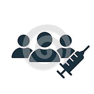 Vaccine Trials thin icon. Group of People and Syringe. Testing Medical Vaccination. Time to vaccinate concept. Syringe