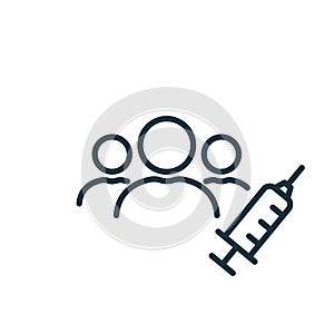 Vaccine Trials thin line icon. Group of People and Syringe. Testing Medical Vaccination. Time to vaccinate concept