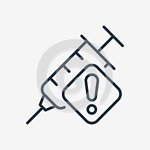 Vaccine Warning Line Icon. Vaccination Syringe with Alert Sign. Precautions about Drug, Dope, Narcotic Syringe Linear