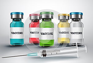 Vaccines bottle vector design. Vaccination medicine and syringe vaccine injection for covid-19 corona virus photo