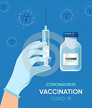 Vacctination banner. Doctor`s hand holding medicine bottle with vaccine for coronavirus. Virus protection concept. Vector illustra