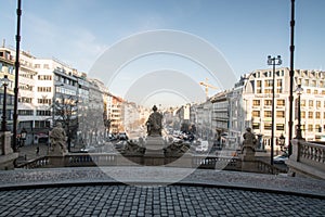 Vaclavske namesti square from Narodni muzeum entrance in Praha city in Czech republic