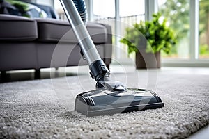 Vacuum cleaner cleaning carpet in living room, close-up