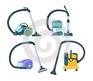 Vacuum cleaner equipment cartoon set. Washing robot cyclone and car vacuum cleaner.