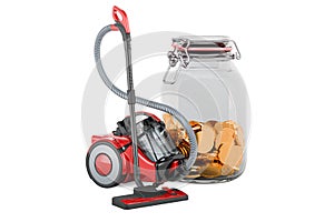 Vacuum cleaner with glass jar full of golden coins, 3D rendering