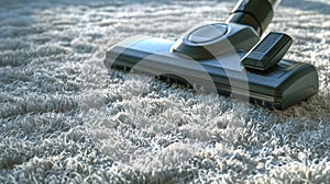 Vacuum cleaner head on fluffy grey rug. Carpet cleaning. Vacuuming. Concept of home cleanliness, dust reduction, and