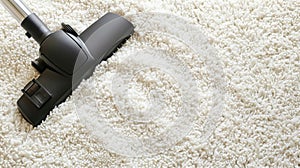 Vacuum cleaner head gliding over fluffy white rug. Carpet cleaning. Vacuuming. Concept of home cleanliness, dust