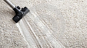 Vacuum cleaner head on plush white carpet. Home cleaning process. Concept of household cleanliness, carpet care