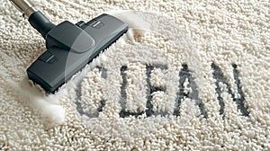 Vacuum cleaner making CLEAN word on a white fluffy carpet. Innovative display of cleaning effectiveness. Concept of