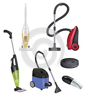 Vacuum cleaner modern. Carpet cleaner vector realistic items sanitation rooms