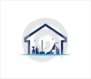 vacuum cleaner, mop, and sprayer inside a house vector logo design for housekeeping and cleaning service