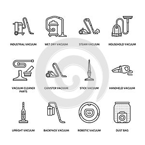 Vacuum cleaners colored flat line icons. Different vacuums types - industrial, household, handheld, robotic, canister