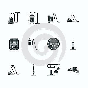 Vacuum cleaners flat glyph icons. Different vacuums types - industrial, household, handheld, robotic, canister, wet dry