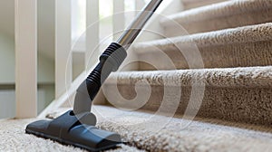 Vacuum Cleaning the Carpeted Stairs at Home. Generative ai