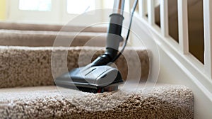 Vacuum Cleaning the Carpeted Stairs at Home. Generative ai