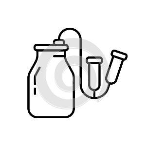 Vacuum milking machine icon. Line art logo of milker. Black simple illustration of can with hose and teatcups, farming automation