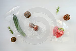 Vacuum packaging of vegetables. Longterm storage of food. Flat lay. Top view. Copy space