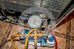 Vacuum pump of the refrigeration unit during repair