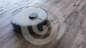 Vacuum Robot auto cleaning at home, floor. 3d rendering.