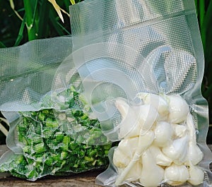 Vacuum Sealed Fresh Garlic, Persil, Oignon, Basilic, Ð¡oriandre. Stock Photo