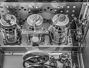 Vacuum tubes shortwave power amplifier in black and white