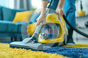 Vacuuming carpeting cleaning vacuuming home interior. Home cleaning appliance.