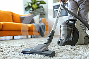 Vacuuming carpeting cleaning vacuuming home interior. Home cleaning appliance.