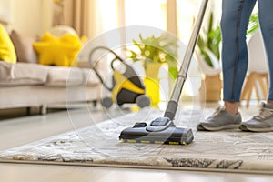 Vacuuming carpeting cleaning vacuuming home interior. Home cleaning appliance.