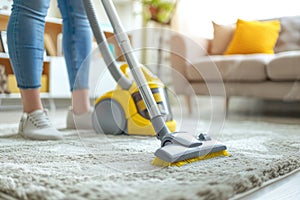 Vacuuming carpeting cleaning vacuuming home interior. Home cleaning appliance.