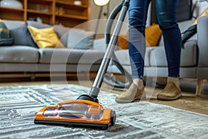 Vacuuming carpeting cleaning vacuuming home interior. Home cleaning appliance.