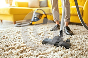 Vacuuming carpeting cleaning vacuuming home interior. Home cleaning appliance.