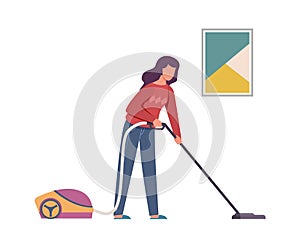 Vacuuming woman. Female character cleaning home with vacuum cleaner, cleaning floor and carpet service maid doing