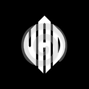 VAD circle letter logo design with circle and ellipse shape. VAD ellipse letters with typographic style. The three initials form a