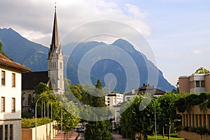 Vaduz church, downtown and Alps, Liechtenstein