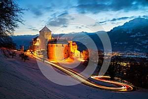 Vaduz, Liechtenstein. Illuminated castle of Vaduz at sunset