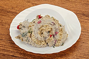 Vagan dietary cusine - mutabal with granet seeds