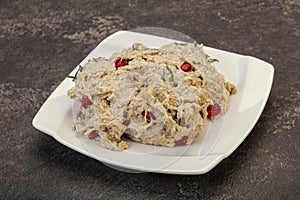 Vagan dietary cusine - mutabal with granet seeds