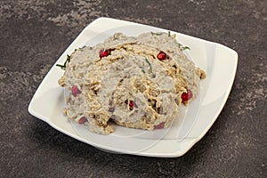 Vagan dietary cusine - mutabal with granet seeds