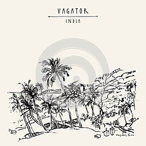 Vagator beach, Goa, India. Tropical summer drawing. Travel vintage hand drawn postcard