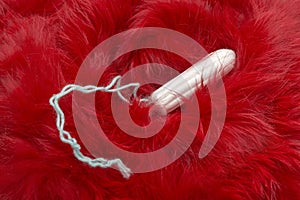 Vaginal products for intimate care. Red fur and menstrual tampon. Woman critical days, gynecological menstruation cycle. Menstruat