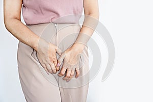 vaginal yeast infection concept woman suffering from itching and irritation in the vagina photo