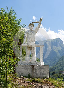 VAGLI SOTTO, LUCCA, ITALY AUGUST 8, 2019: A marble statue of Gregorio De Falco, the coastguard involved in the Costa