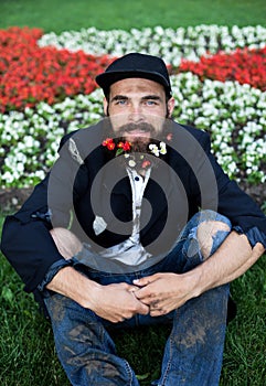 Vagrant in flowerbed