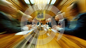 A vague glimpse of a board meeting in session with indistinguishable faces and expressions