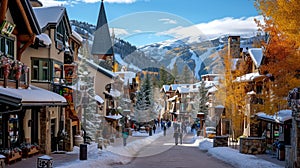 Vail Village in Vail, Colorado with sunrise and ice