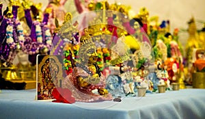 Vaishnavism. Indian figurines. Hare Krishna Gaura Nitai form of God on altar.